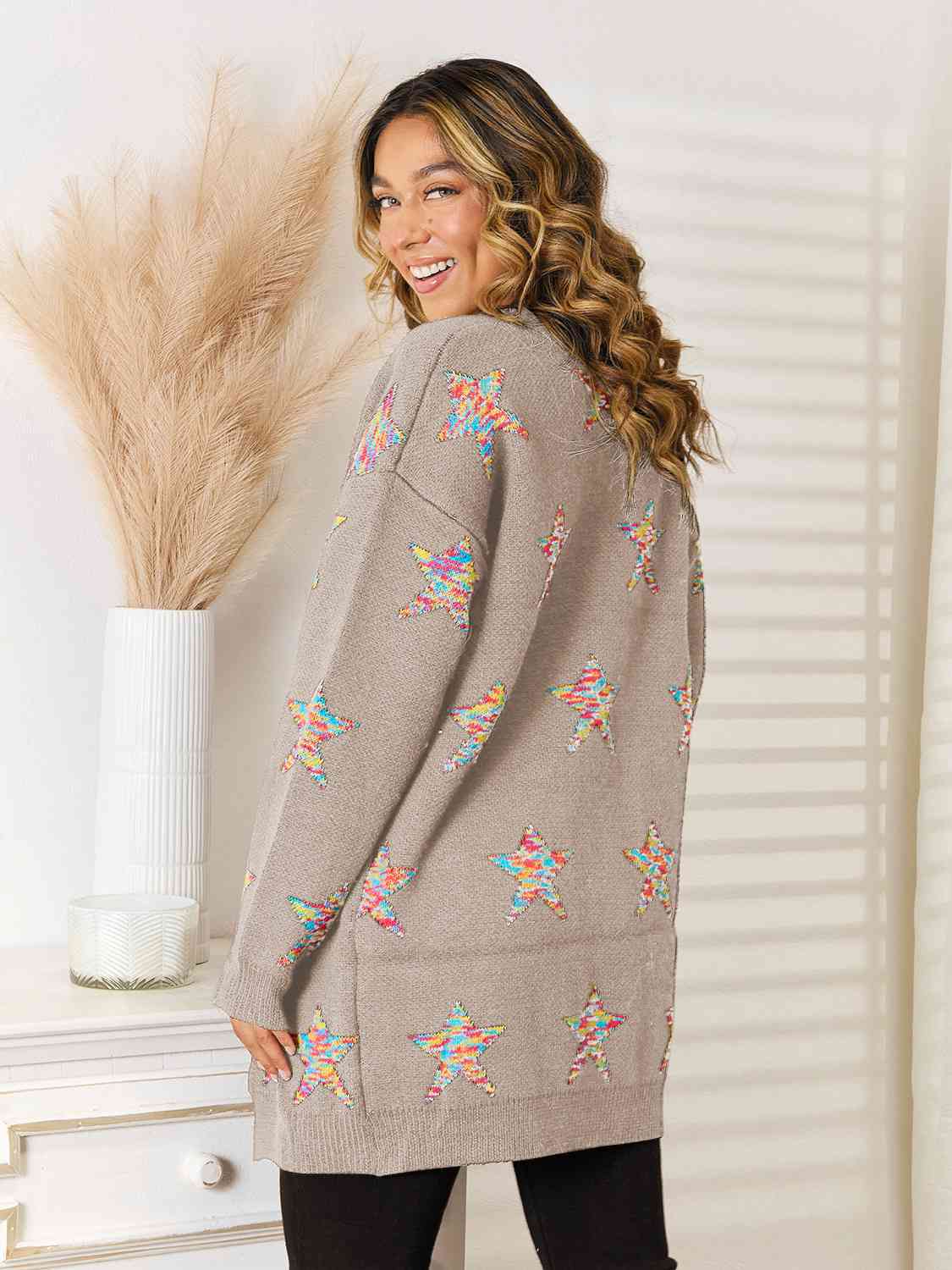 Star Pattern Open Front Cardigan with Pockets - The Beaucoup Home