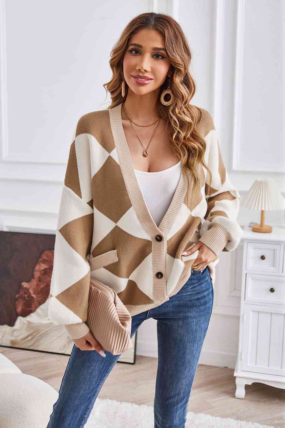 Geometric Lantern Sleeve Cardigan with Pockets - The Beaucoup Home