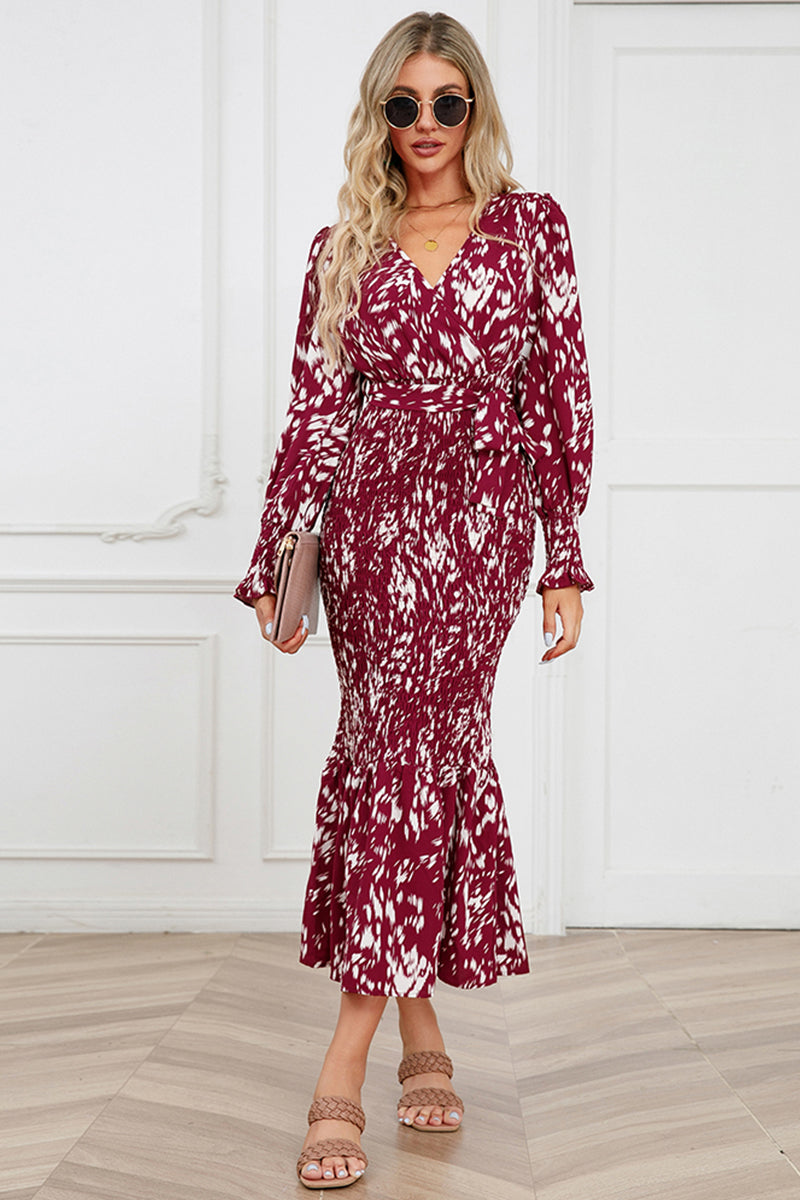 Printed V-Neck Smocked Midi Dress - The Beaucoup Home