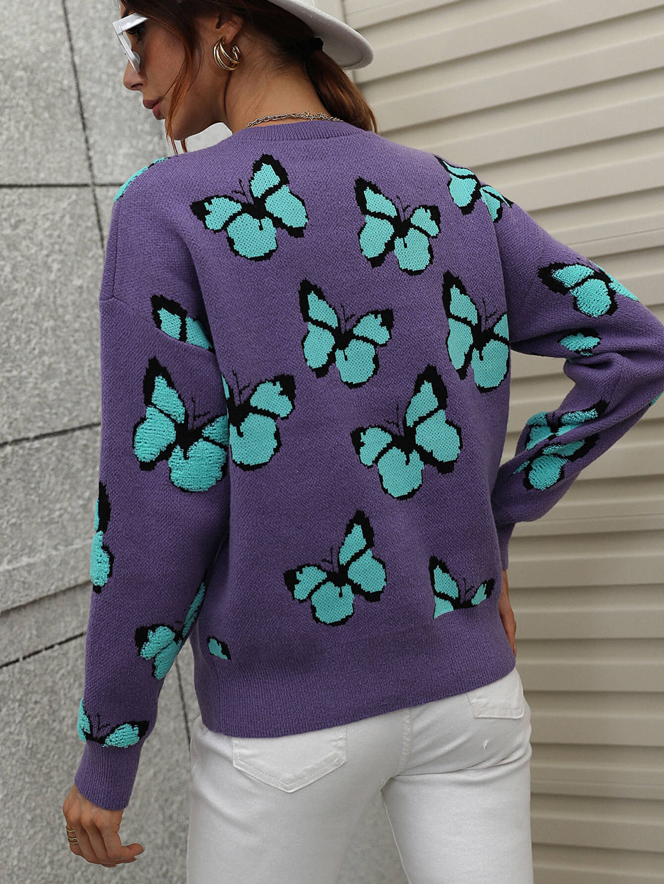 Woven Right Butterfly Dropped Shoulder Crewneck Sweater - The Beaucoup Home