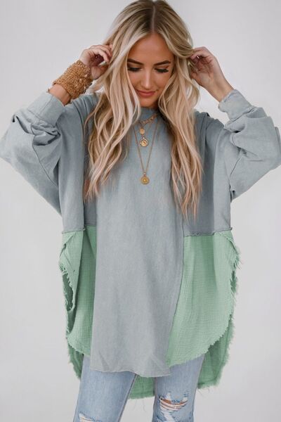 Contrast Texture Round Neck Long Sleeve Blouse - The Beaucoup Home